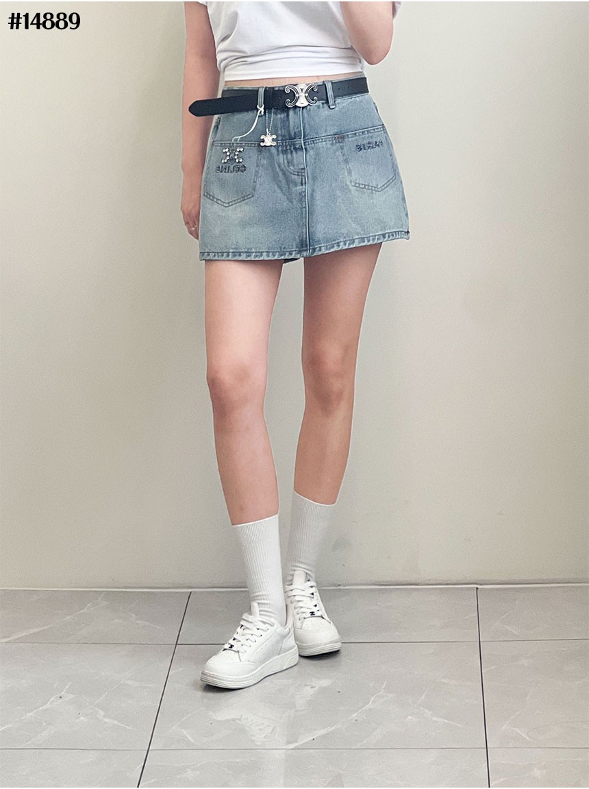 셀** 여성 블랙 레더 트리옹프 벨트 데님 스커트 팬츠 14889